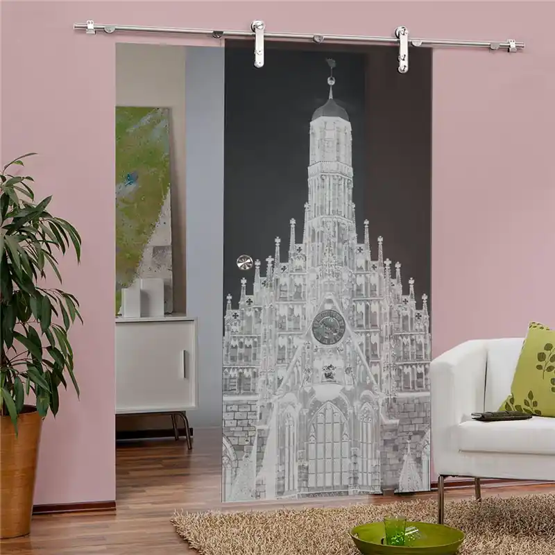 Aktuell Glasschiebetür PIPE-LINE Frauenkirche Gelasert Auf Grauglas