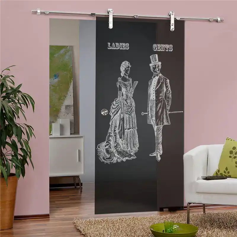 Glasschiebetür PIPE-LINE Ladies and Gents Gelasert Auf Grauglas Top-Preis
