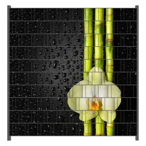 Kracherpreis Zaunsichtschutz Grüne Orchidee mit Bambus auf schwarz - Regentropfen Breite 200 cm x Höhe 180 cm