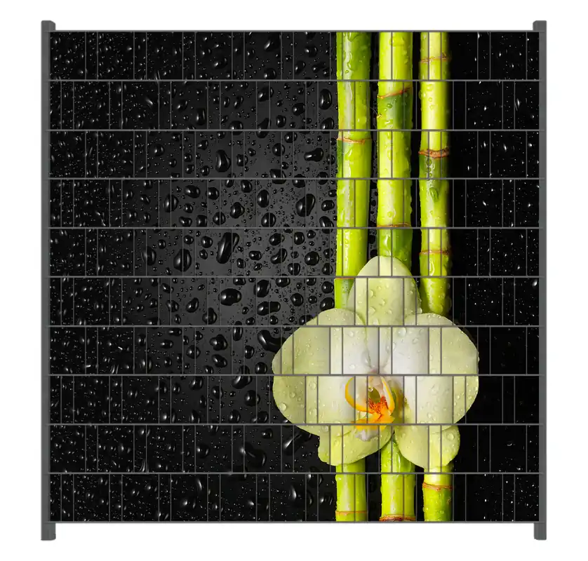 Kracherpreis Zaunsichtschutz Grüne Orchidee mit Bambus auf schwarz - Regentropfen Breite 200 cm x Höhe 180 cm