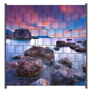 Direktkauf Zaunsichtschutz Seelandschaft in blau und rot mit großen Felsen Breite 200 cm x Höhe 180 cm