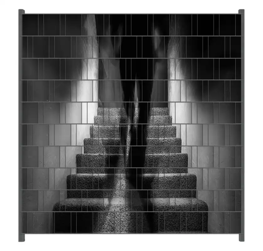Neue Kollektion Zaunsichtschutz Mysteriöse Treppe mit Schattenfigur - Schwarzweiß Breite 200 cm x Höhe 140 cm