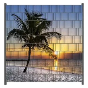 Knallerangebot Zaunsichtschutz Palme am Strand - Sonnenuntergang über dem Meer Breite 200 cm x Höhe 200 cm