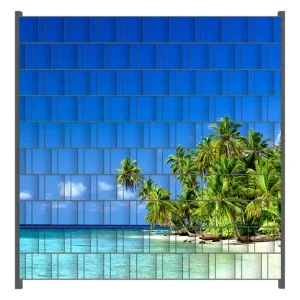 Finale Aktion Zaunsichtschutz Blauer Himmel weißer Strand Palmen und das tiefblaue Meer Breite 200 cm x Höhe 140 cm