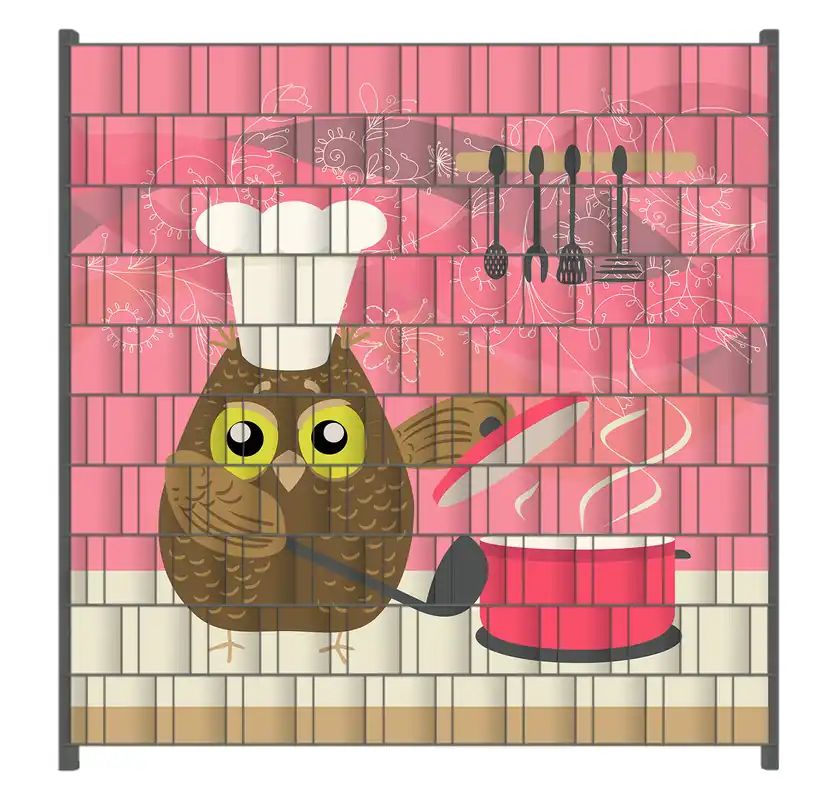 Neu Im Sortiment Zaunsichtschutz Lustige Eule beim Kochen mit Kochmütze Breite 200 cm x Höhe 200 cm