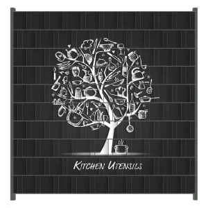 Sofort Bestellen Zaunsichtschutz Kitchen Utensils - Baum aus Küchenutensilien in schwarz weiß Breite 200 cm x Höhe 200 cm