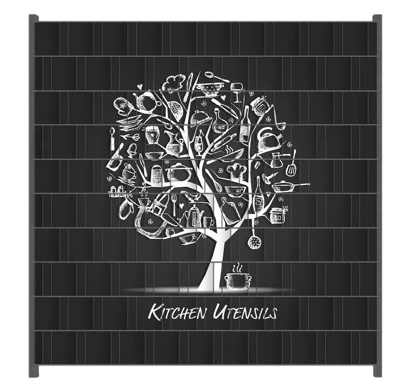 Sofort Bestellen Zaunsichtschutz Kitchen Utensils - Baum aus Küchenutensilien in schwarz weiß Breite 200 cm x Höhe 200 cm