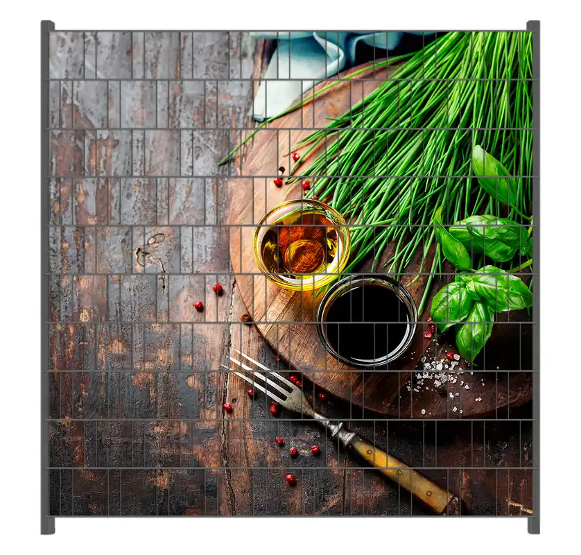 Heißes Angebot Zaunsichtschutz Kräuter, Öle und Gewürze auf einem Holzbrett Breite 200 cm x Höhe 140 cm