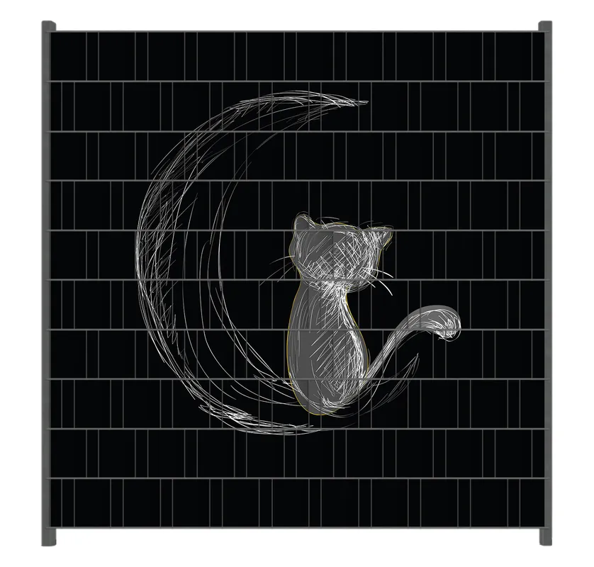 Kostenloser Rückversand Zaunsichtschutz Katze sitzt auf dem Mond - illustriert in weiß auf schwarz Breite 200 cm x Höhe 180 cm