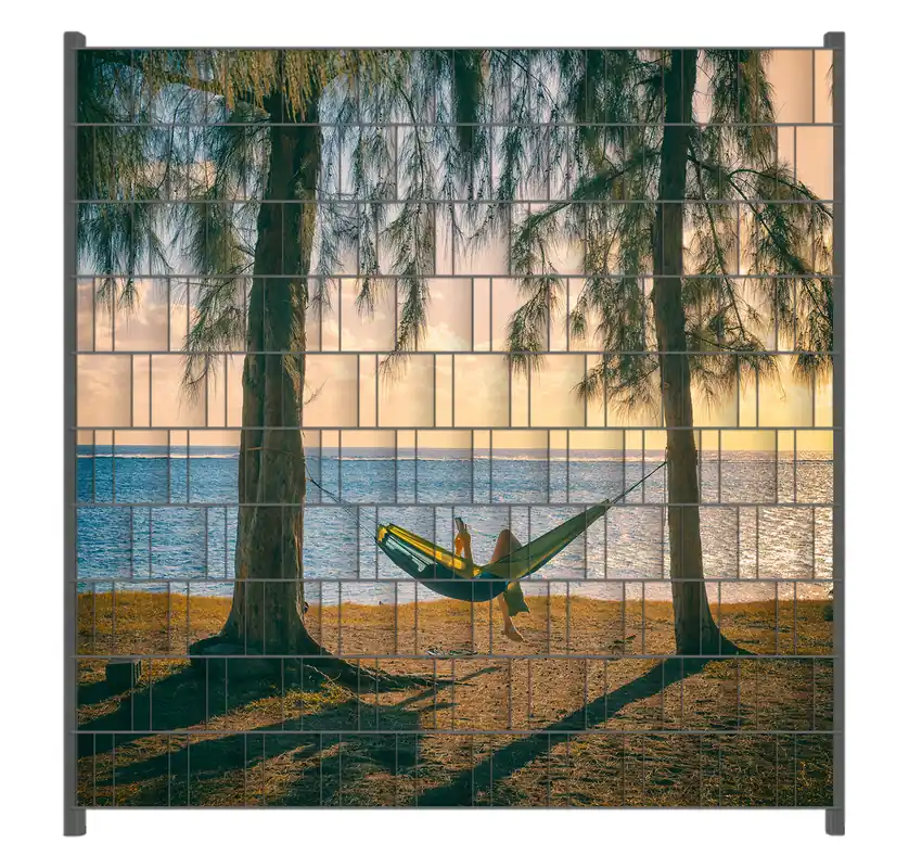 Neue Kollektion Zaunsichtschutz Chillout - Hängematte am Meer Breite 200 cm x Höhe 180 cm