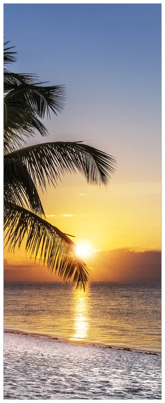 Kostenfreie Lieferung Wandbild aus Acryl Palme am Strand - Sonnenuntergang über dem Meer 50cm x 125cm
