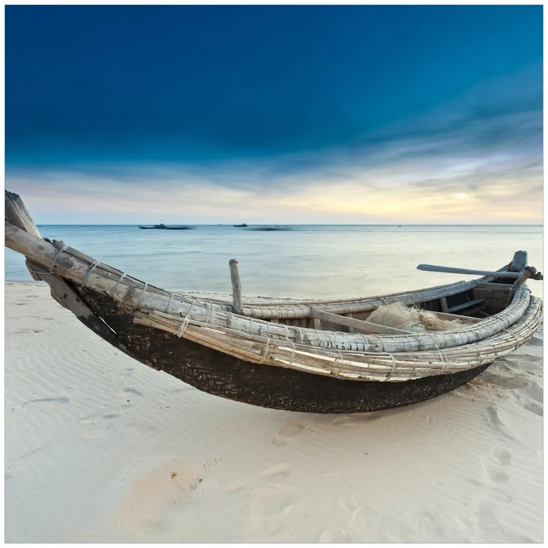 Abverkauf Glasbild Fischerboot am Strand mit Sonnenuntergang 70 x 100 cm