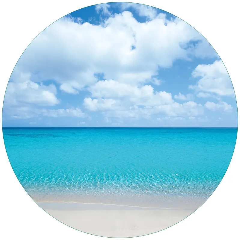 Glasbild Sandstrand und blaues Meer 50 cm Durchmesser. rund Wochenendangebot