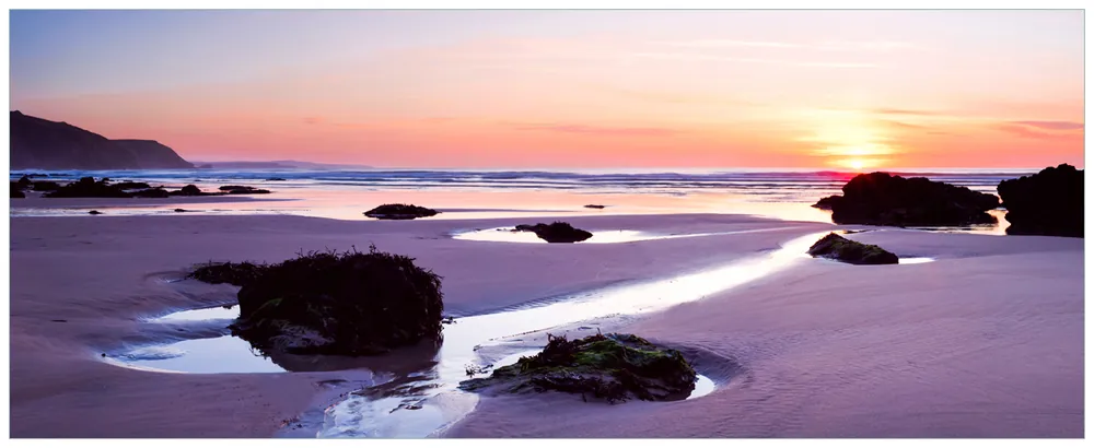 Echt Glasbild Sonnenuntergang am einsamen Strand 32 x 80 cm