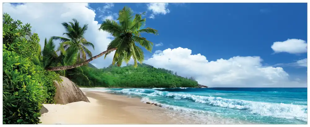Glasbild Urlaub auf den Seychellen unter Palmen am Sandstrand 60 x 90 cm Bestpreis