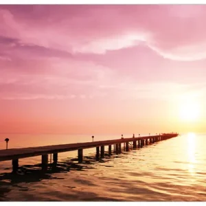 Glasbild Auf dem Weg zur Sonne Steg am Meer 32 x 80 cm Billig