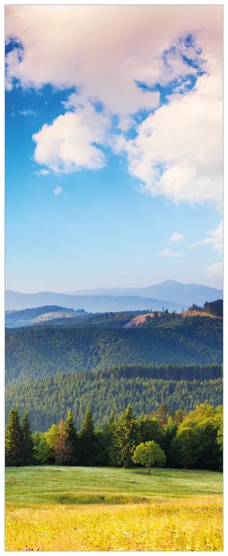 Echt Glasbild Berglandschaft im Gebirge unter blauem Himmel 50 cm Durchmesser. rund