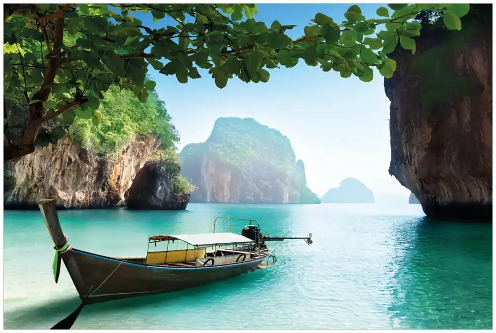 Glasbild Fischerboot in Thailand blaues Meer und Steinfelsen 32 x 80 cm Kracherpreis