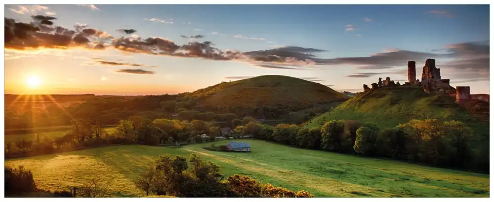 Garantierte Lieferung Glasbild Schlosspanorama in England bei Sonnenaufgang 50 cm Durchmesser. rund
