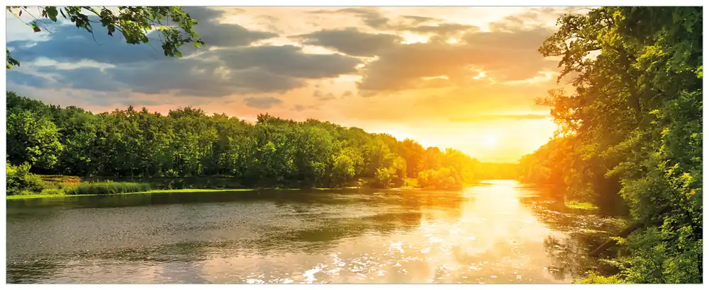 Markenware Glasbild Sonnenuntergang am Fluss in grüner Umgebung 55 x 55 cm
