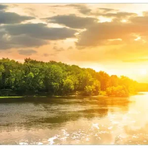 Beliebt Glasbild Sonnenuntergang am Fluss in grüner Umgebung 50 x 125 cm