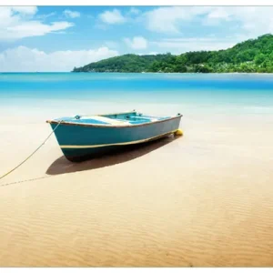 Glasbild Urlaub am Palmenstrand unter Palmen mit Fischerboot 55 x 55 cm Versand Am Gleichen Tag
