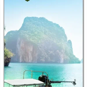 Aktuell Selbstklebende Türtapete Fischerboot in Thailand blaues Meer und Steinfelsen selbstklebende Folie mit Schutzlaminat, 100 x 220 cm