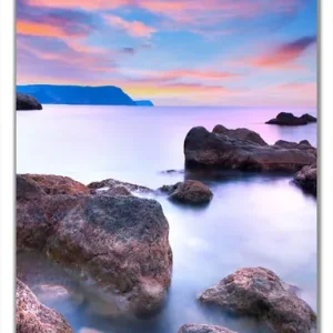 Selbstklebende Türtapete Seelandschaft in blau und rot mit großen Felsen selbstklebende Folie mit Schutzlaminat, 100 x 220 cm Begrenztes Angebot
