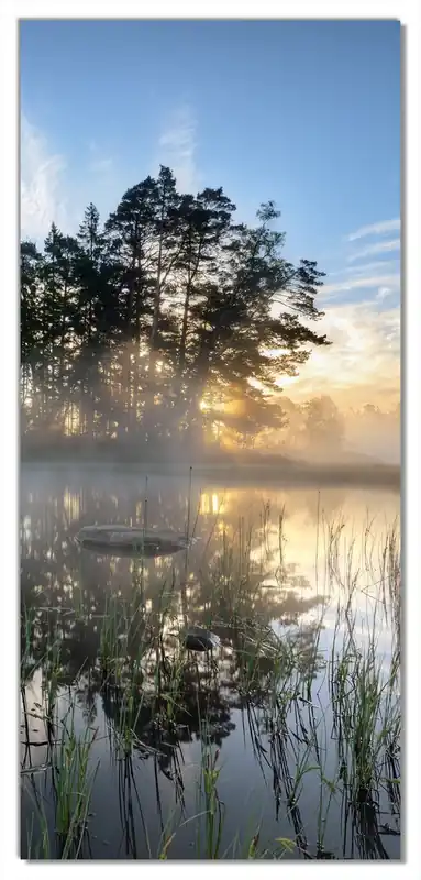 Direkt Vom Hersteller Selbstklebende Türtapete Stiller See mit Insel im Morgennebel selbstklebende Folie mit Schutzlaminat, 100 x 220 cm