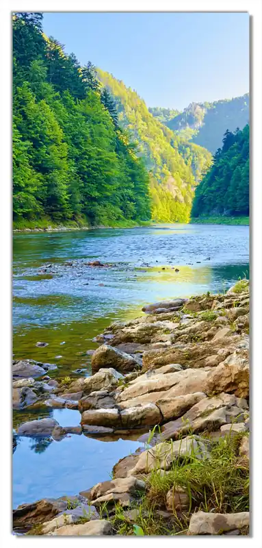 Kostenloser Rückversand Selbstklebende Türtapete Fluss in den Bergen an steinigem Ufer selbstklebende Folie, 93 x 205 cm