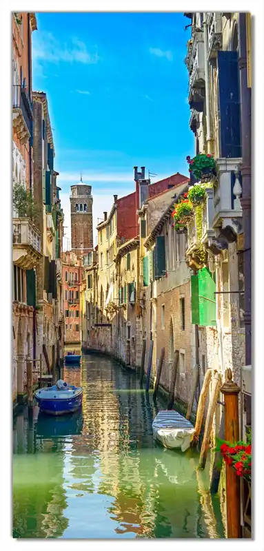Sichere Zahlung Selbstklebende Türtapete Urlaub in Venedig Kanal zwischen bunten Häusern selbstklebende Folie mit Schutzlaminat, 93 x 205 cm