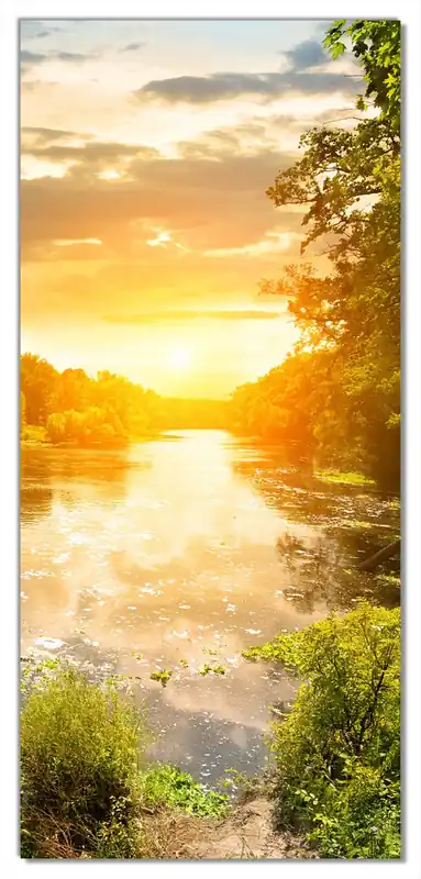 Echt Selbstklebende Türtapete Sonnenuntergang am Fluss in grüner Umgebung selbstklebende Folie, 93 x 205 cm