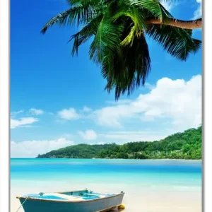 Selbstklebende Türtapete Urlaub am Palmenstrand unter Palmen mit Fischerboot selbstklebende Folie, 93 x 205 cm Finale Aktion