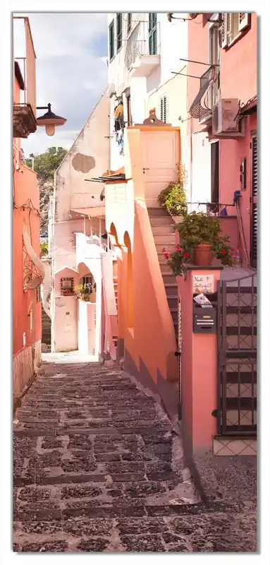 Selbstklebende Türtapete Südländische Gasse- Italien bei Sonnenschein selbstklebende Folie mit Schutzlaminat, 100 x 220 cm Sale