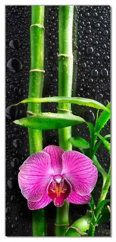 Garantierte Lieferung Selbstklebende Türtapete Bambus und pinke Orchidee auf schwarzem Glas mit Regentropfen selbstklebende Folie mit Schutzlaminat, 93 x 205 cm