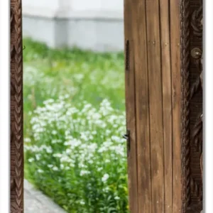 Sonderangebot Selbstklebende Türtapete Offene alte Pforte mit Schnitzereien aus Holz selbstklebende Folie, 100 x 220 cm