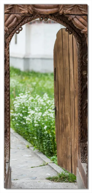 Selbstklebende Türtapete Offene alte Pforte mit Schnitzereien aus Holz selbstklebende Folie mit Schutzlaminat, 100 x 220 cm Bestpreis