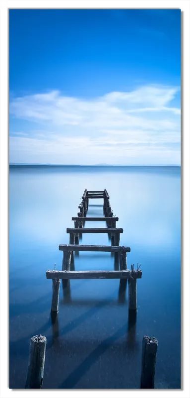Selbstklebende Türtapete Rustikaler Holzsteg im blauen See selbstklebende Folie mit Schutzlaminat, 100 x 220 cm Heißes Angebot