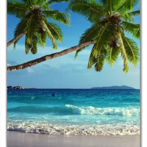 Selbstklebende Türtapete Sandstrand auf den Seychellen - Urlaub unter Palmen selbstklebende Folie mit Schutzlaminat, 93 x 205 cm Preis Gesenkt