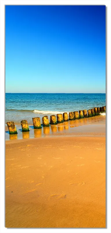 Selbstklebende Türtapete Sandstrand in orange - Blaues Meer - Blauer Himmel selbstklebende Folie mit Schutzlaminat, 93 x 205 cm Knallerangebot