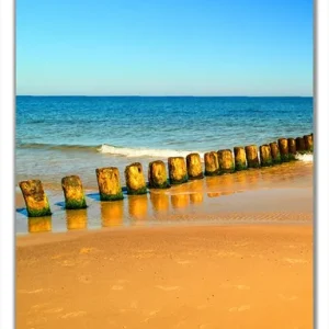 Abverkauf Selbstklebende Türtapete Sandstrand in orange - Blaues Meer - Blauer Himmel selbstklebende Folie mit Schutzlaminat, 100 x 220 cm
