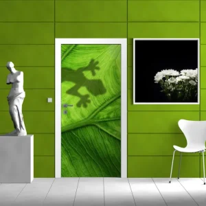 Heißes Angebot Selbstklebende Türtapete Gecko Schatten auf grünem Blatt - Umriss selbstklebende Folie, 93 x 205 cm
