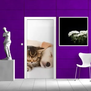 Kracherpreis Selbstklebende Türtapete Katze und Hund in Harmonie - Kuschelnde Tiere selbstklebende Folie mit Schutzlaminat, 100 x 220 cm