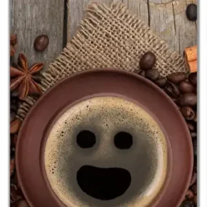 Sofort Bestellen Selbstklebende Türtapete Lustige Kaffeetasse mit einem Lächeln - Kaffeebohnen und Zimt selbstklebende Folie mit Schutzlaminat, 93 x 205 cm