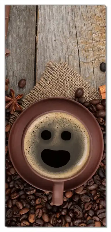 Sofort Bestellen Selbstklebende Türtapete Lustige Kaffeetasse mit einem Lächeln - Kaffeebohnen und Zimt selbstklebende Folie mit Schutzlaminat, 93 x 205 cm