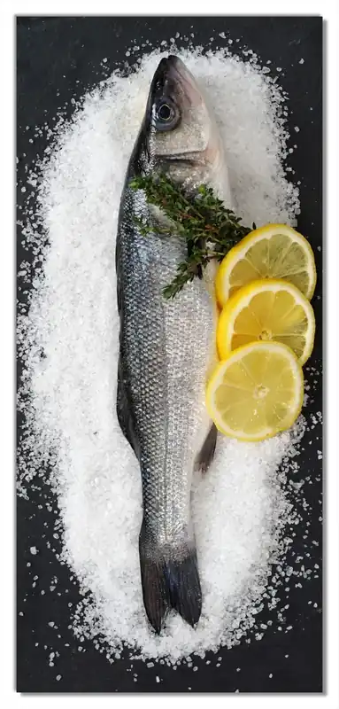Mega-Angebot Selbstklebende Türtapete Fischmenü - Frischer Fisch auf Salz mit Zitronen selbstklebende Folie mit Schutzlaminat, 100 x 220 cm