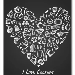 Aktuell Selbstklebende Türtapete I Love Cooking - Herz aus Küchenutensilien in schwarz weiß selbstklebende Folie, 100 x 220 cm