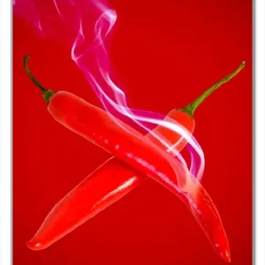 Selbstklebende Türtapete Rauchende Chili-Schoten im Duo vor rotem Hintergrund selbstklebende Folie mit Schutzlaminat, 93 x 205 cm Kostenloser Rückversand
