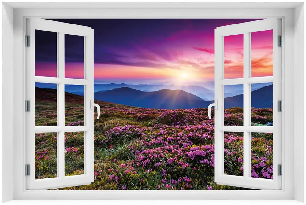 Neu Selbstklebendes Poster mit Fenster-Illusion Blumenbedeckte Wiese bei Sonnenuntergang