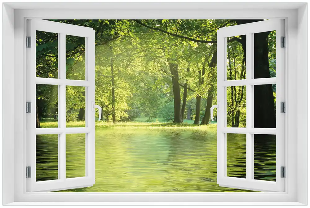 Selbstklebendes Poster mit Fenster-Illusion Idyllischer See im Wald bei Sonnenschein Billig
